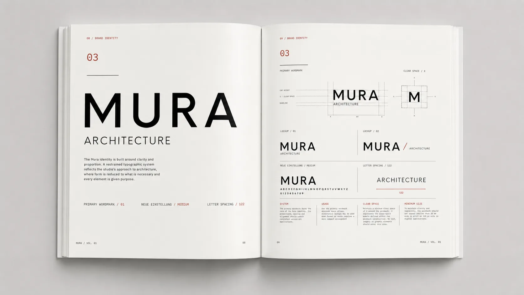 Mura, pages 8 and 9: brand identity